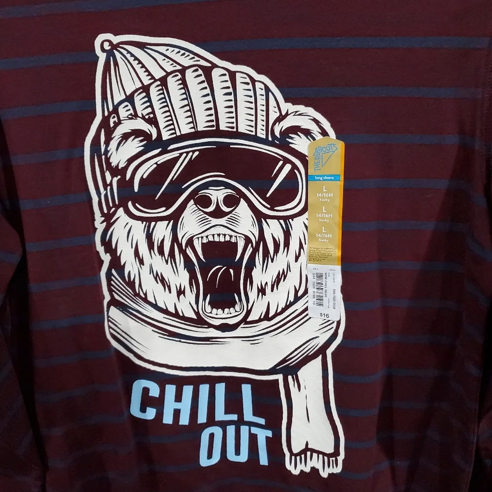 There Abouts Boys Graphic Long Sleeve T-SHIRT Size L 14/16 Husky Tee Burgundy